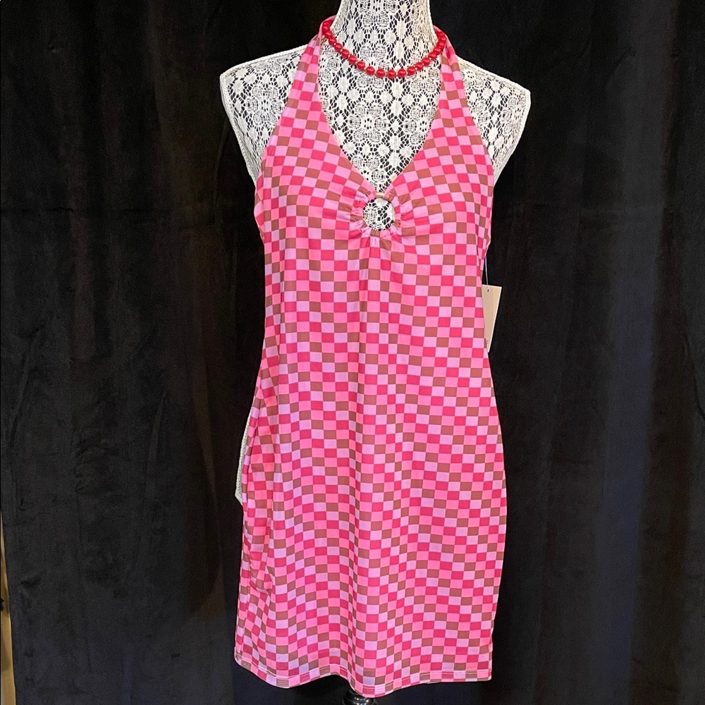 Kohl's Pink and Red Checkered Halter Dress